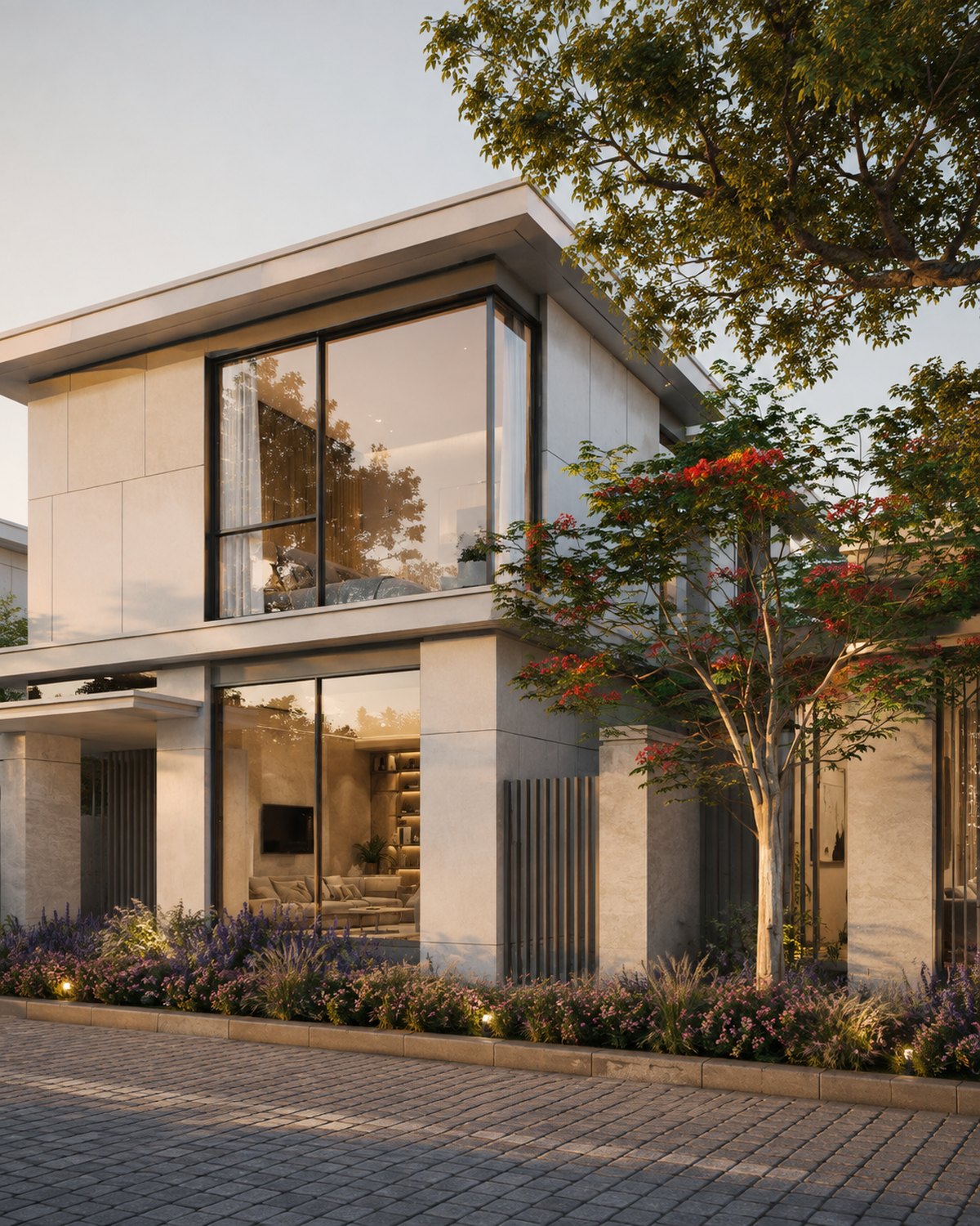 Contemporary villa with full-height glazing at dusk, landscaped Dubai community