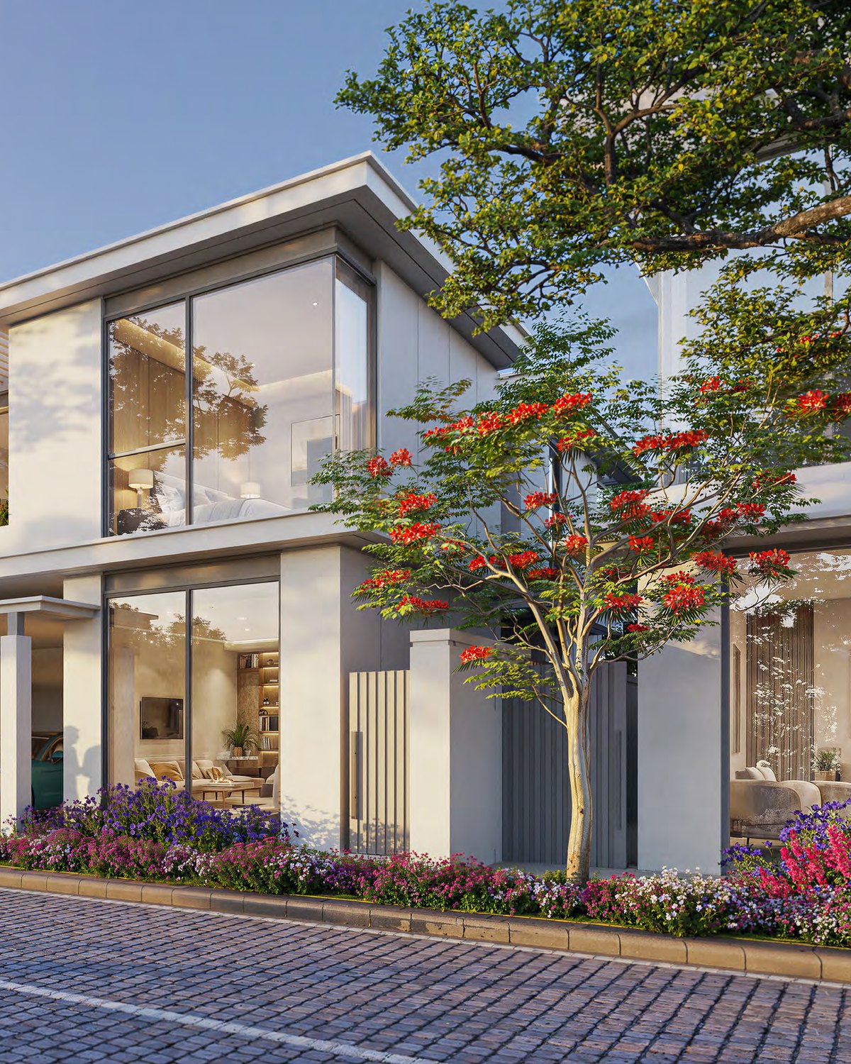 Modern villa with floor-to-ceiling glazing in a landscaped Dubai community